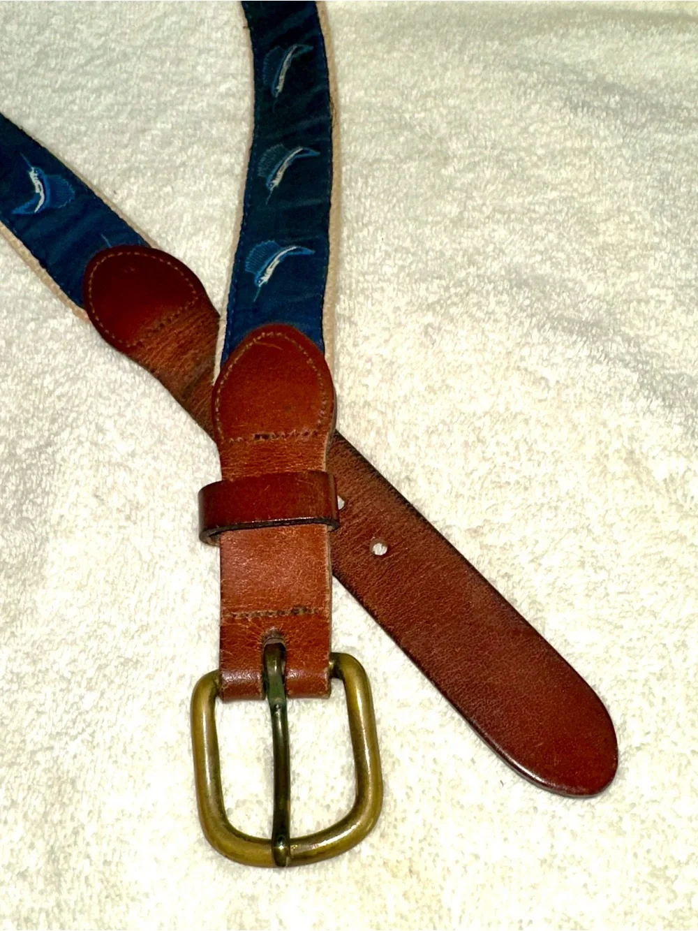 Vintage Sailfish Embroidered Canvas Leather Belt Solid Brass Buckle Sz 40